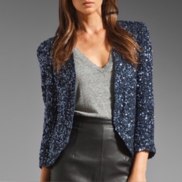 Parker Silk Navy Sequin Open Blazer Fabulous Festive Glam Holiday Evening Jacket - Picture 1 of 14